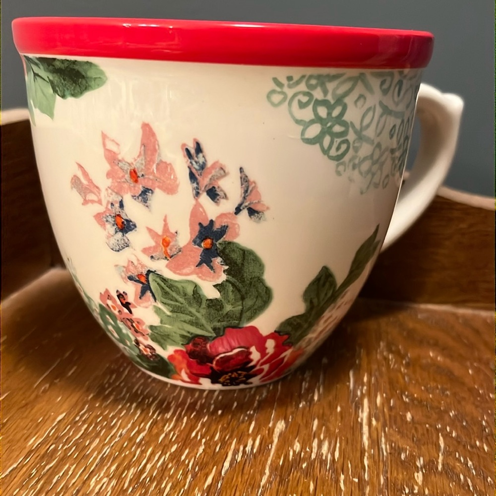 Pioneer Woman Flea Market Country Garden Stoneware Red Rim Coffee Cup Mug 17 oz